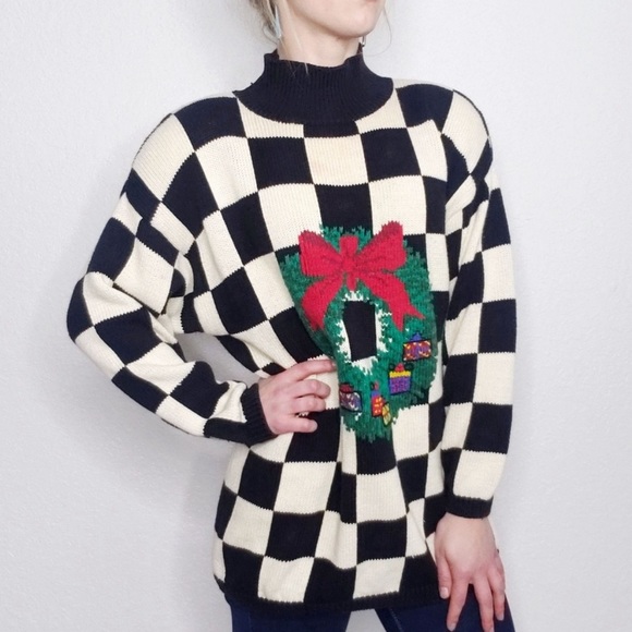 Vintage Ugly Christmas Mock Neck Checkered Sweater - Picture 1 of 8